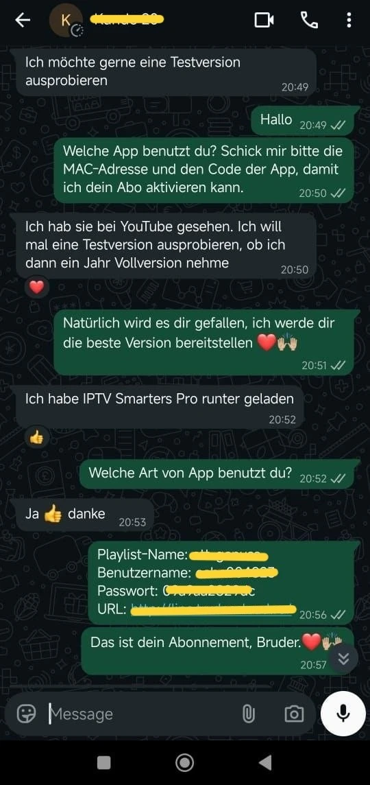 Nachricht eines Hakuna TV Kunden