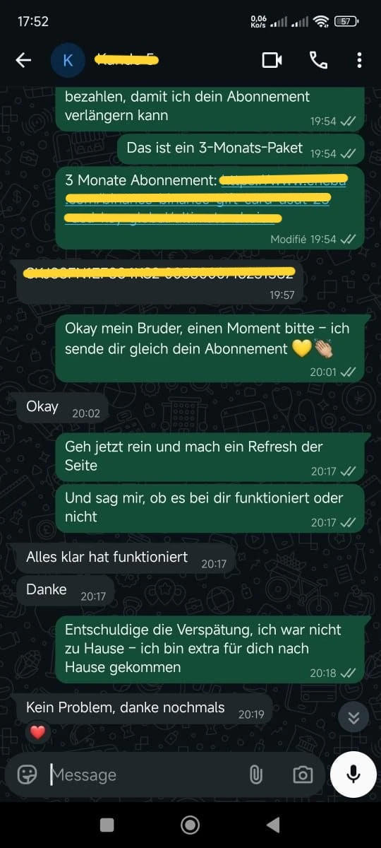 Nachricht eines Hakuna TV Kunden